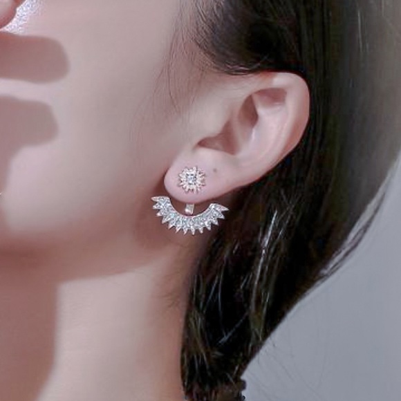 Silver Crystal Studs w/ Earring Jackets - Picture 2 of 7